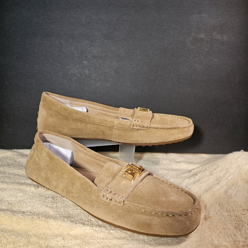 Lauren Ralph Lauren Barnsbury Suede Loafers Tan Driver Flats Logo Shoes Size 10